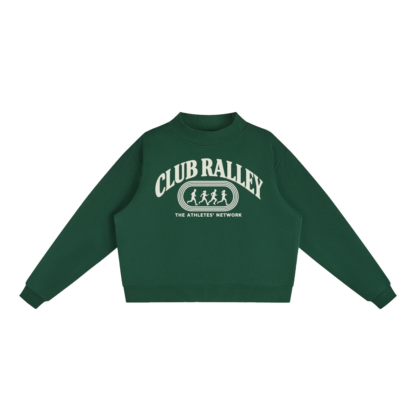 Green Club Ralley women's mockneck with a cream Club Ralley print