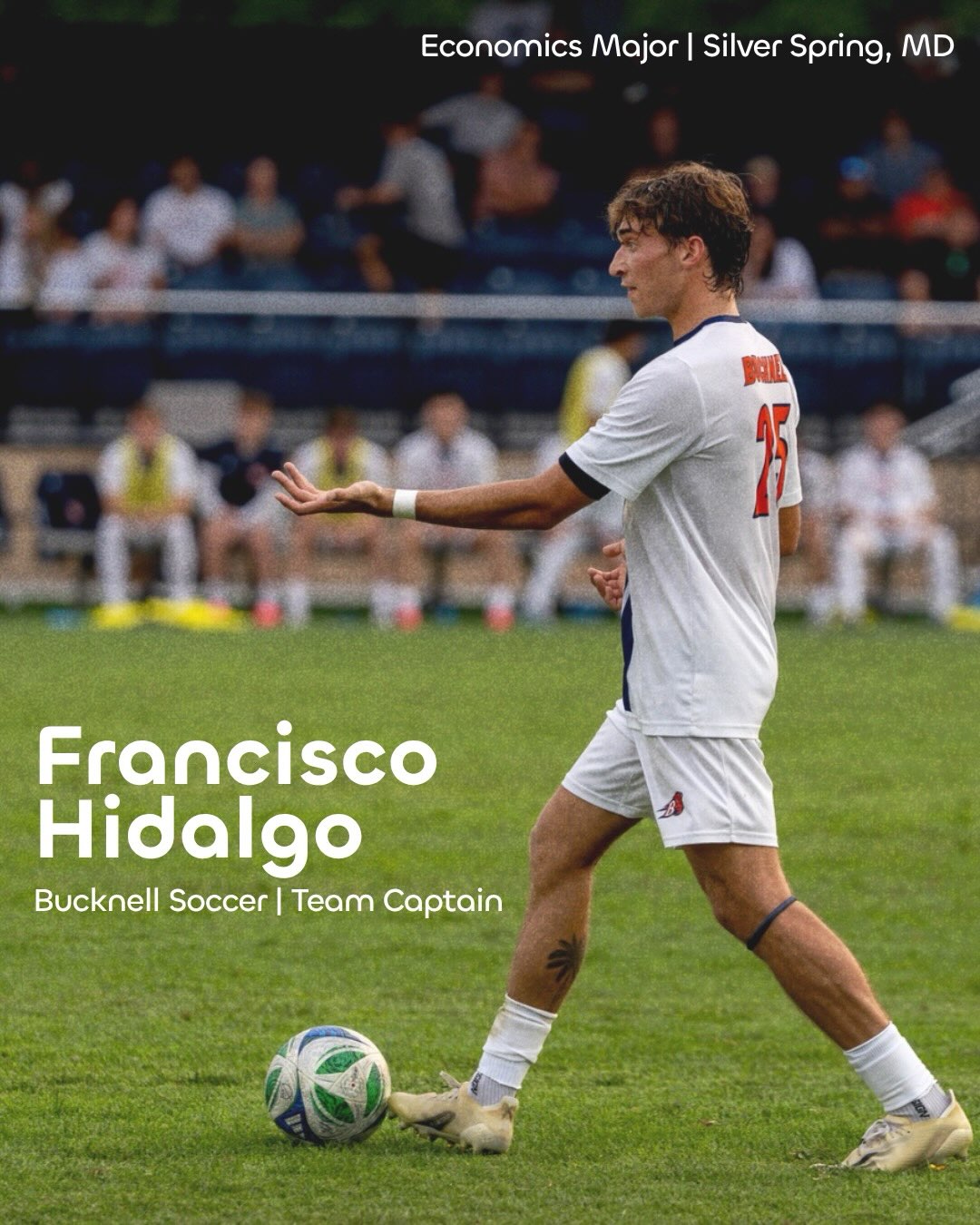 Kiko Hidalgo, number 25, on the ball for Bucknell soccer